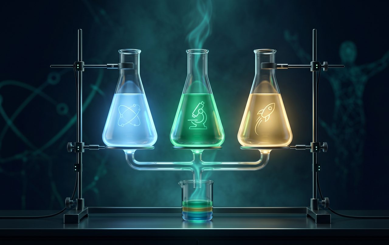 Three glowing marketing channel paths converging on a central business hub