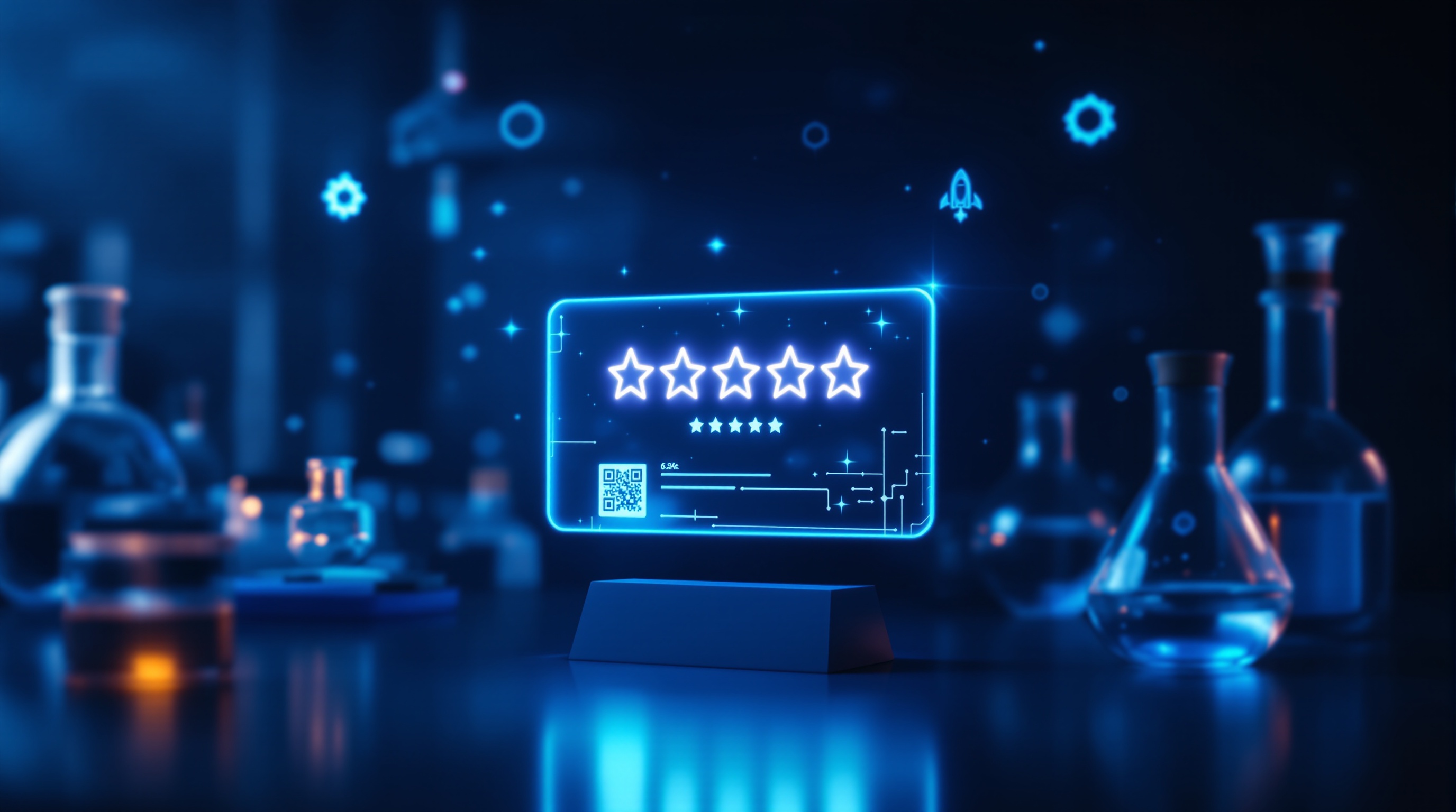 Mobile phone showing a five-star Google review form above a dark lab bench — after-job review request system for local businesses