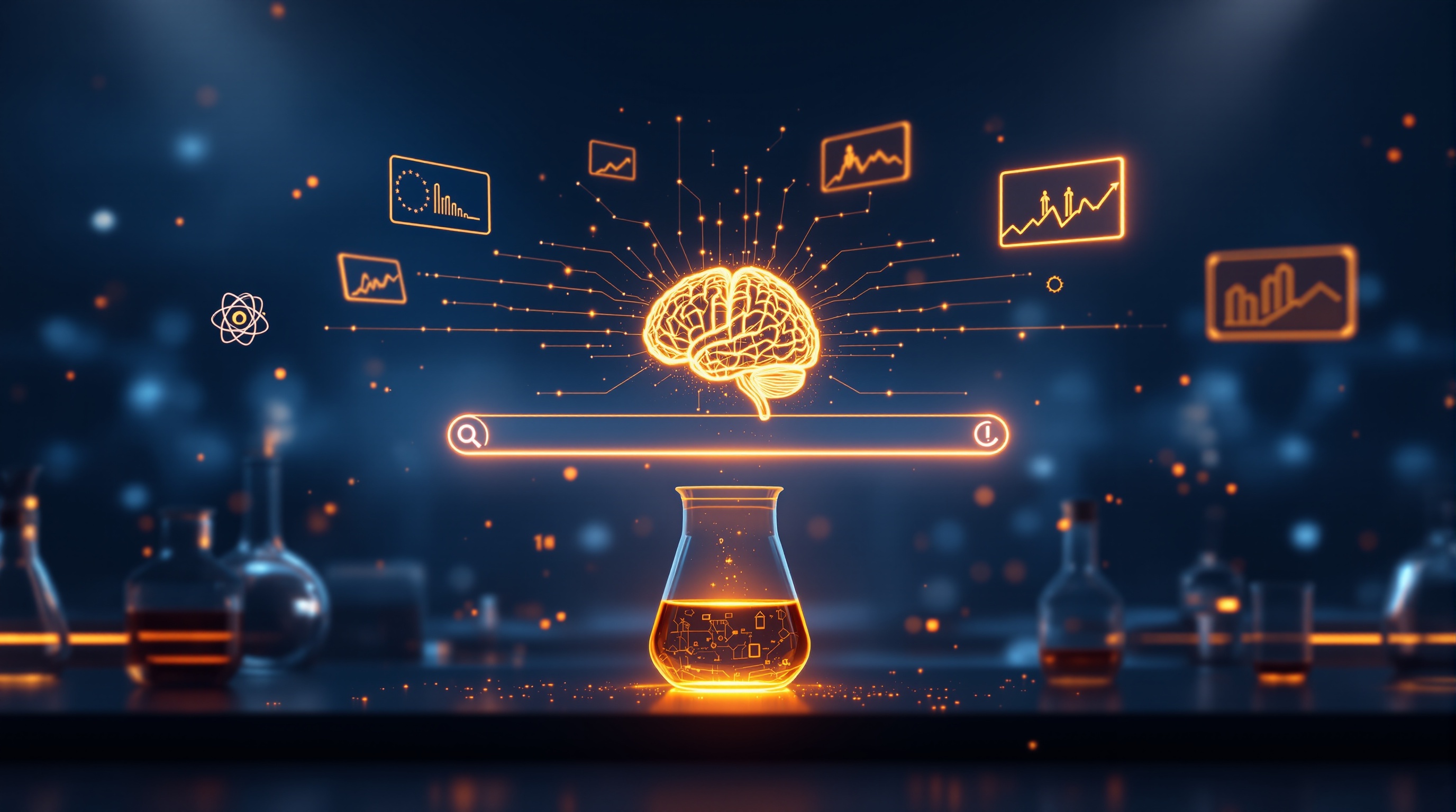Holographic search bar with a glowing brain inside, golden result cards streaming outward