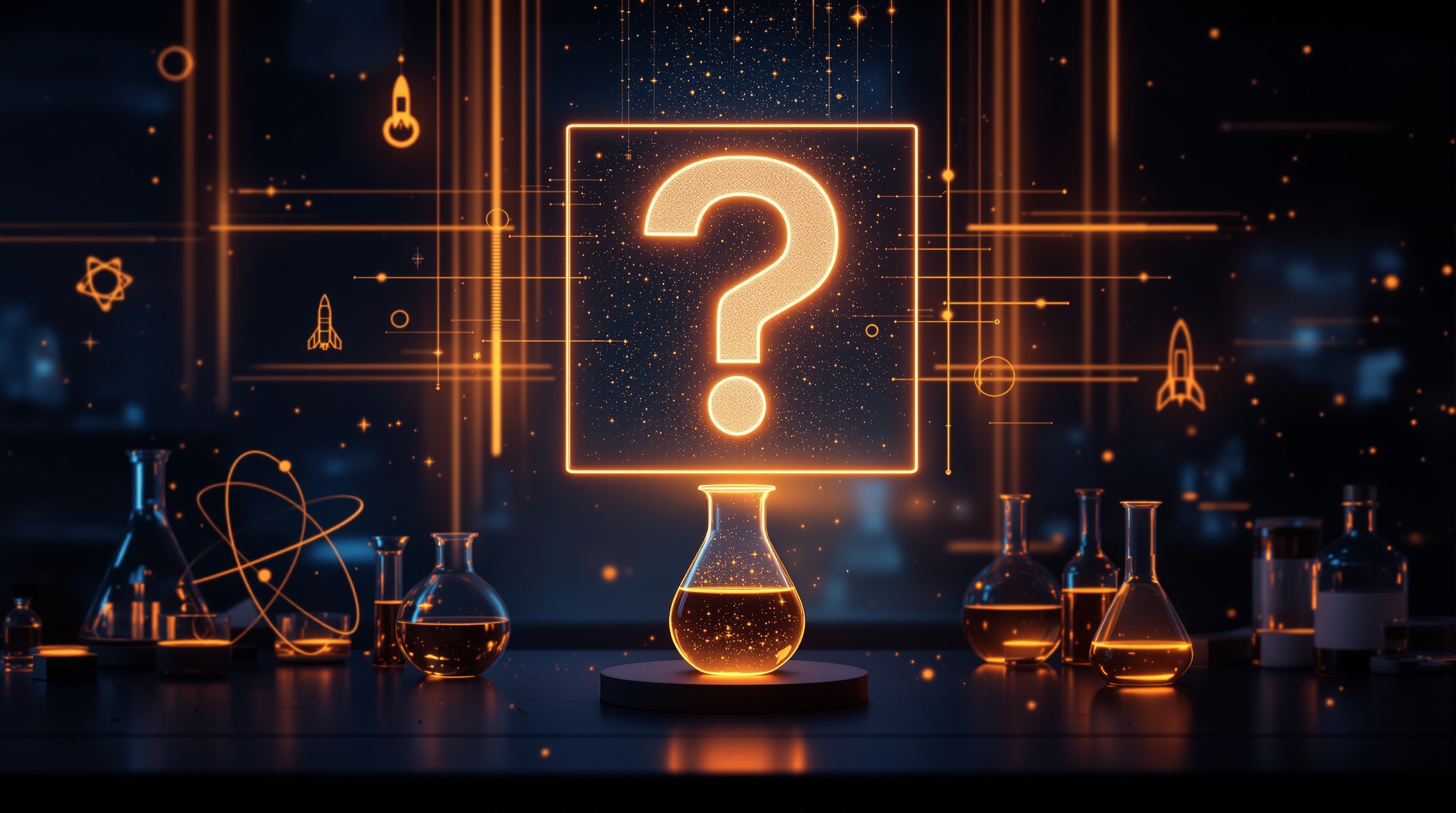 Glowing AI interface with structured question-and-answer panels above a dark lab bench — building an answers page AI will quote