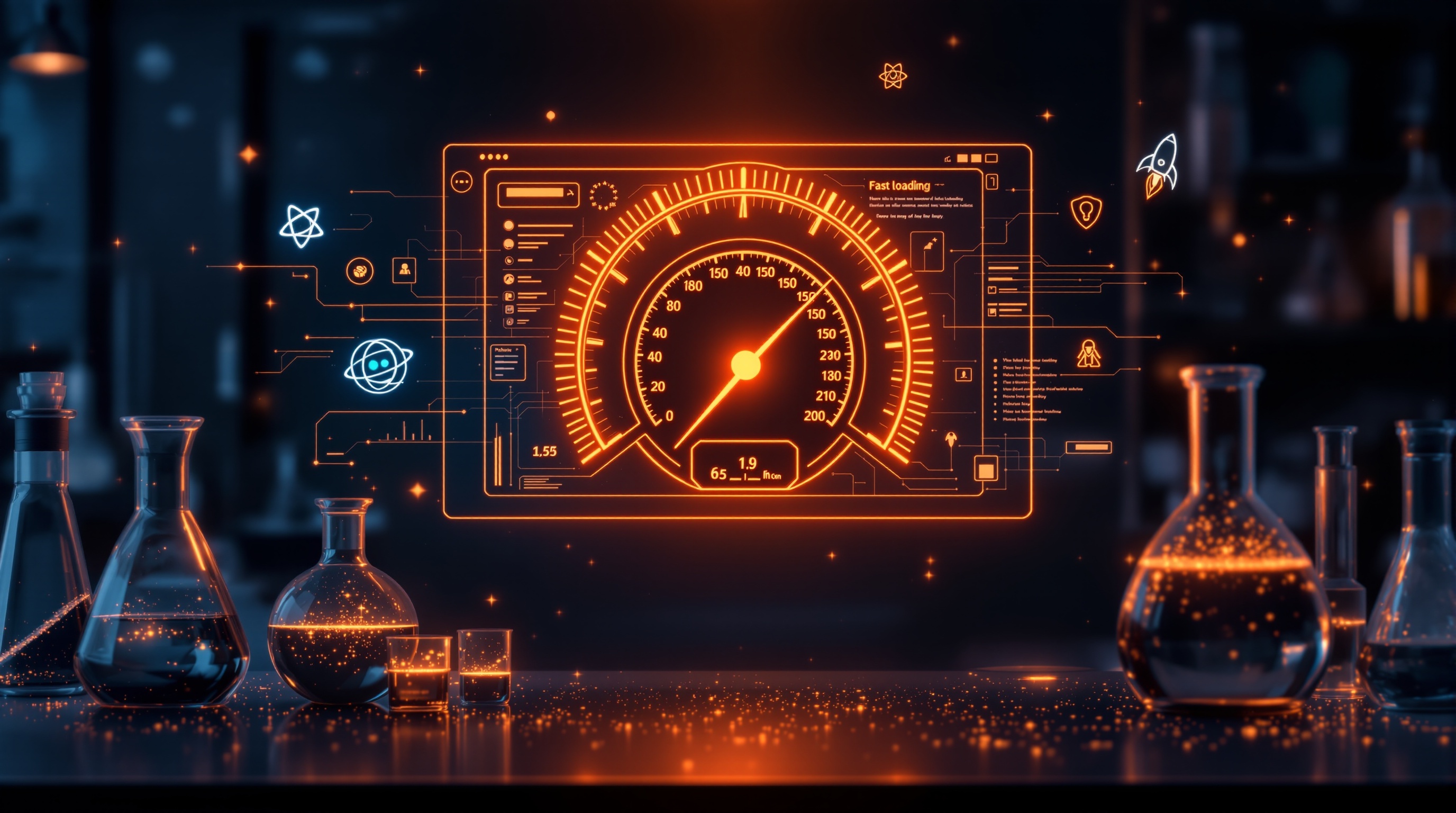 Speed gauge and business listing icons on a dark lab surface — site speed and NAP consistency for local SEO