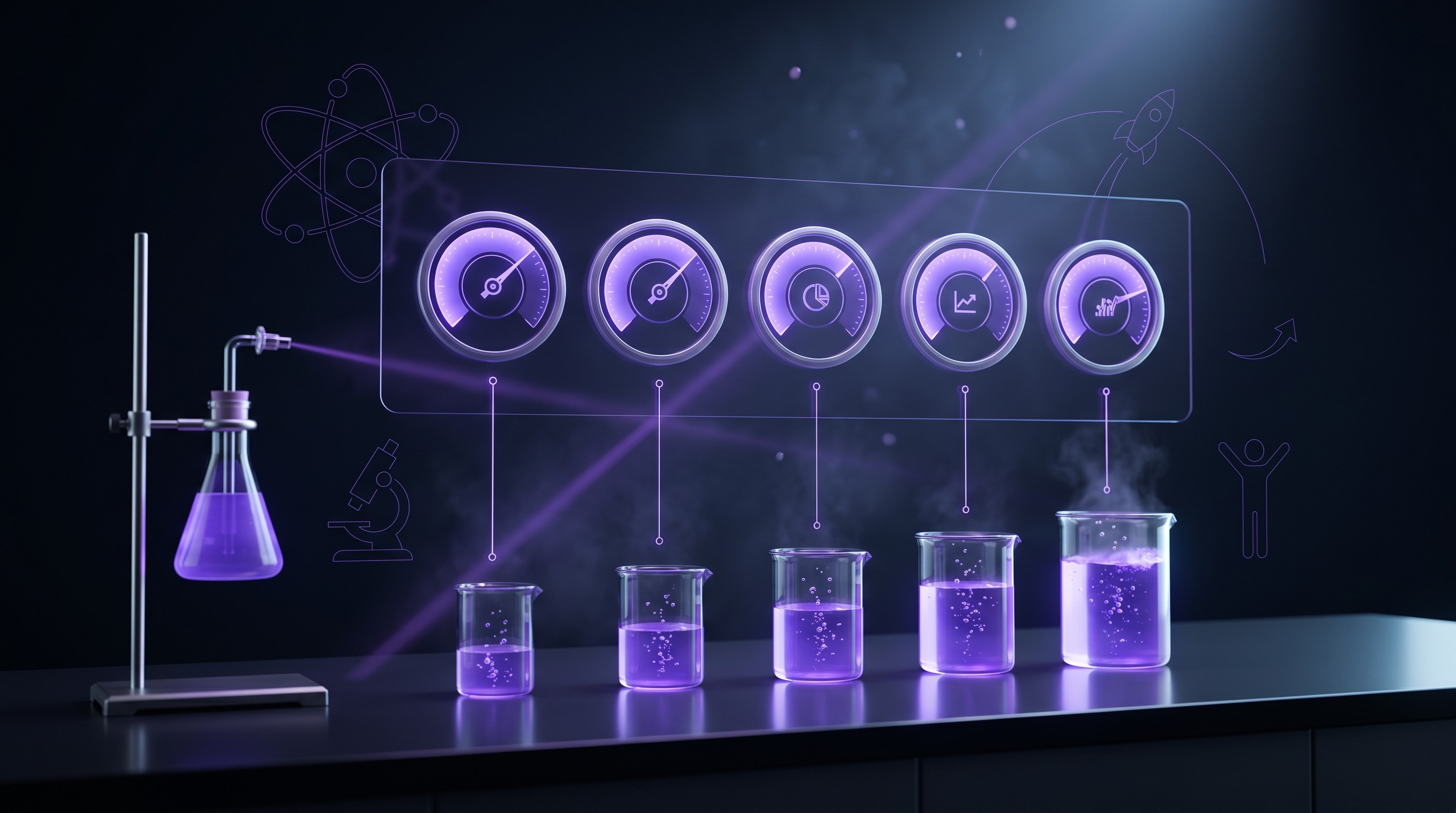 Five glowing violet metric dials above beakers of purple liquid at different fill levels