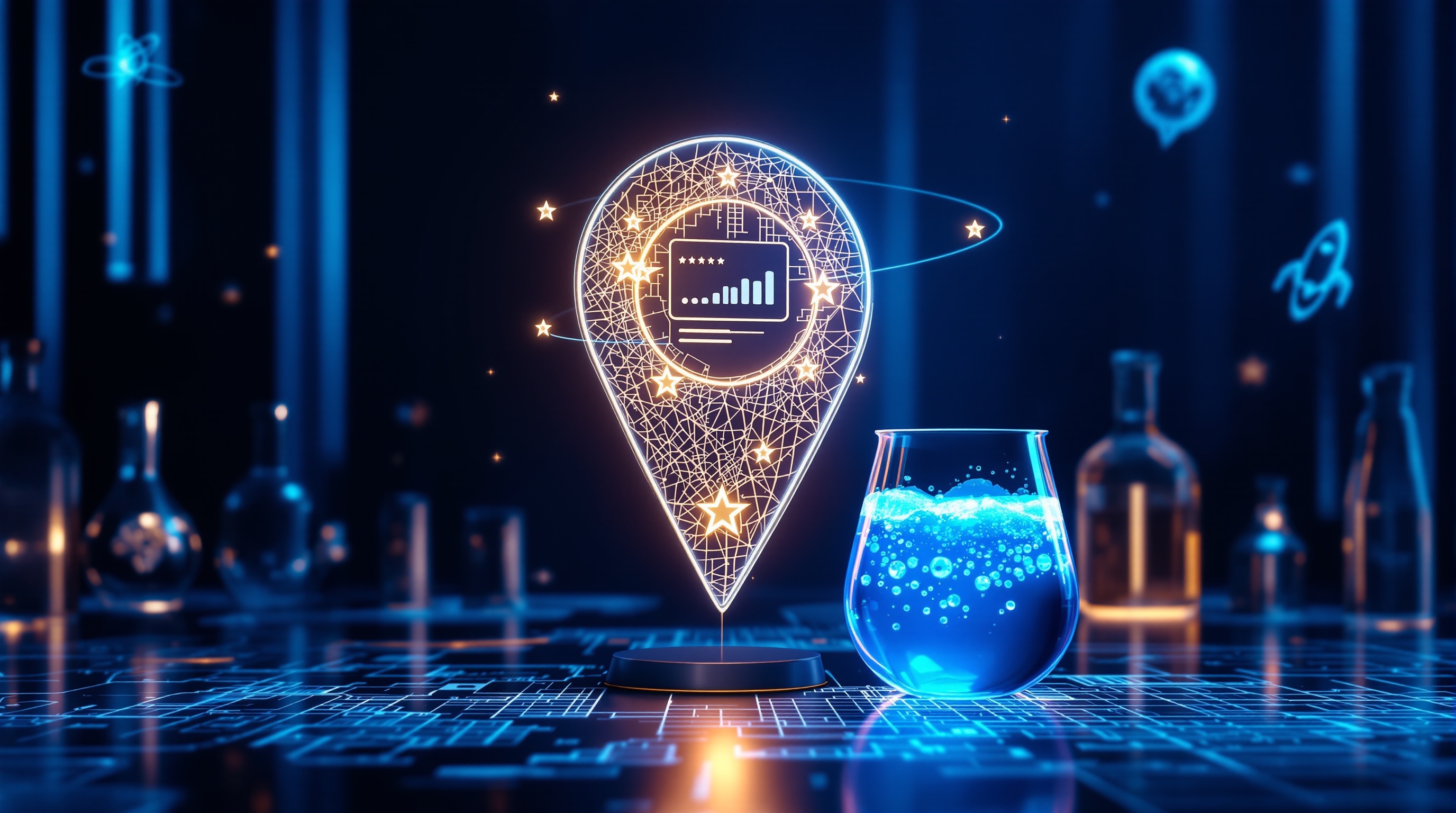 Glowing map pin with a holographic business-profile card and orbiting stars