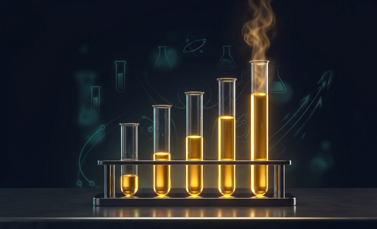 Test tubes with golden liquid rising like a bar chart — review growth