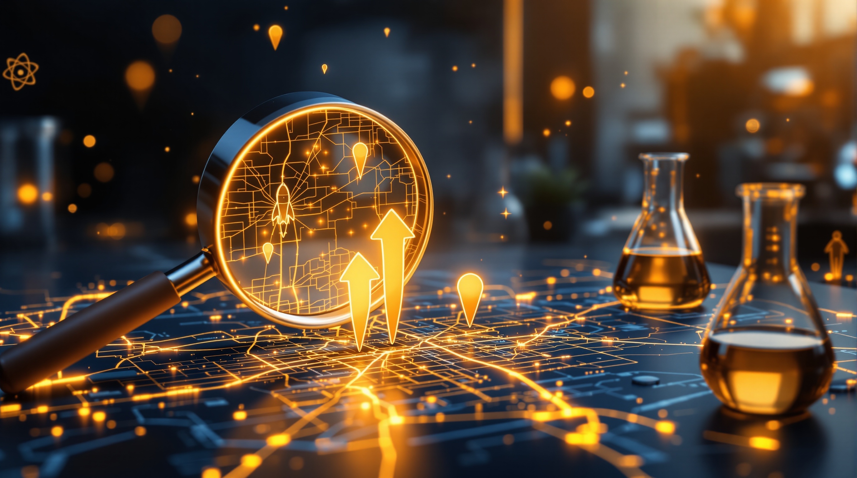 Amber magnifying glass over a glowing suburban street-grid map with ranking markers