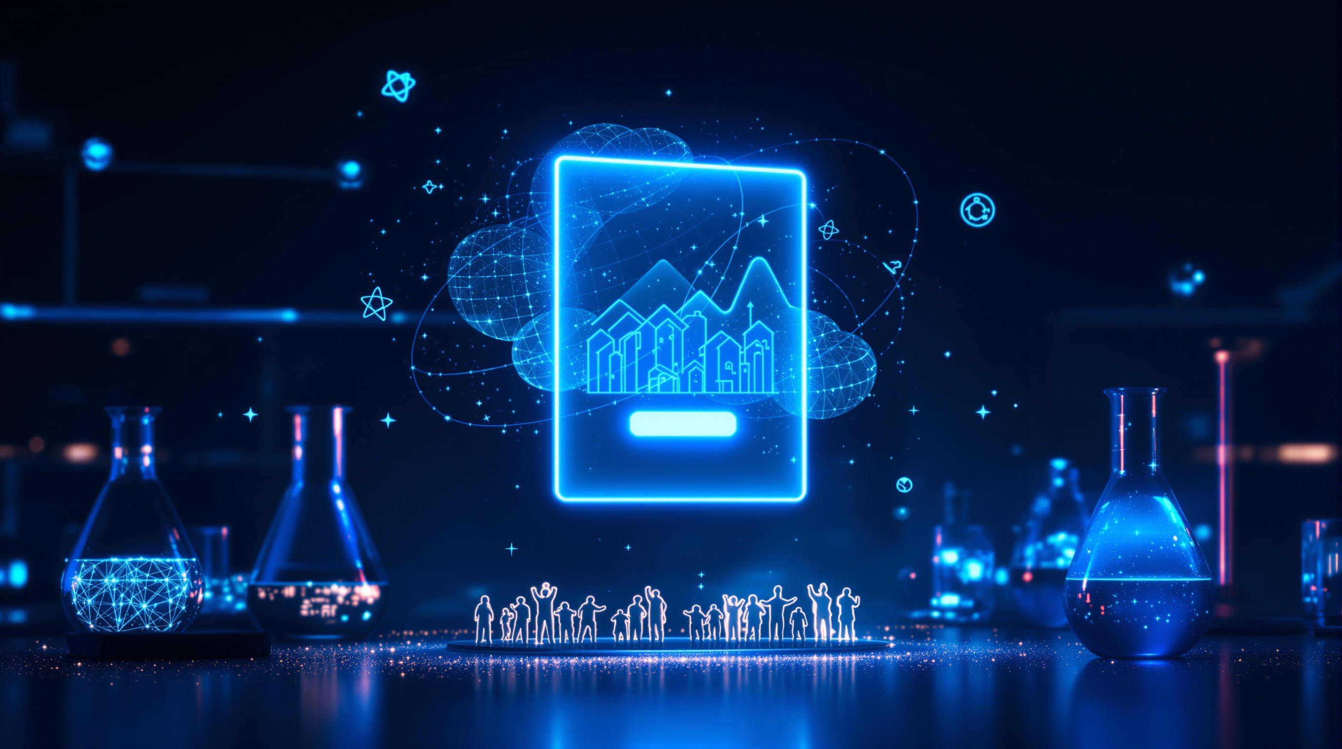 Holographic social-feed ad card above a glowing audience cloud