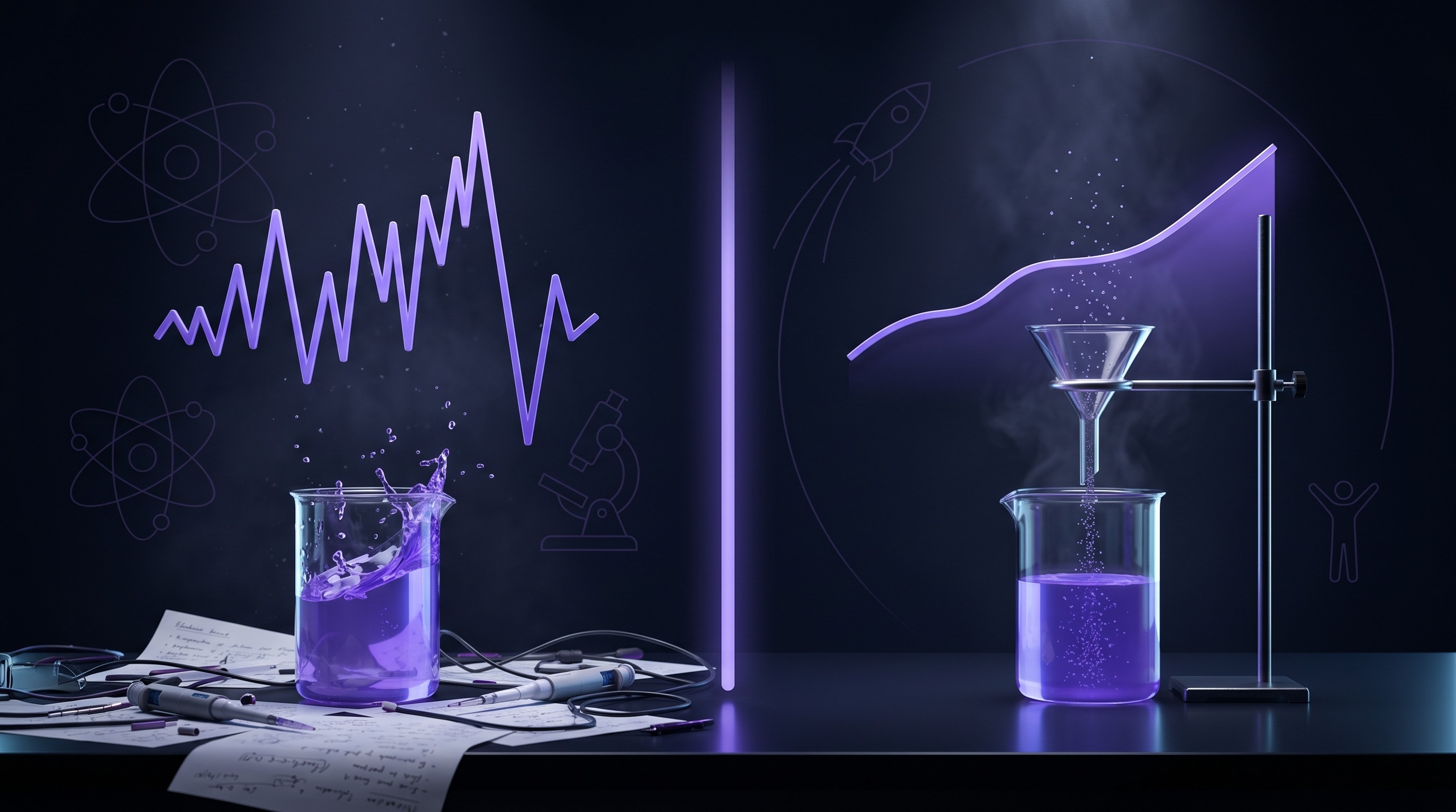 Chaotic violet revenue chart transforming into a smooth rising line — predictable sales