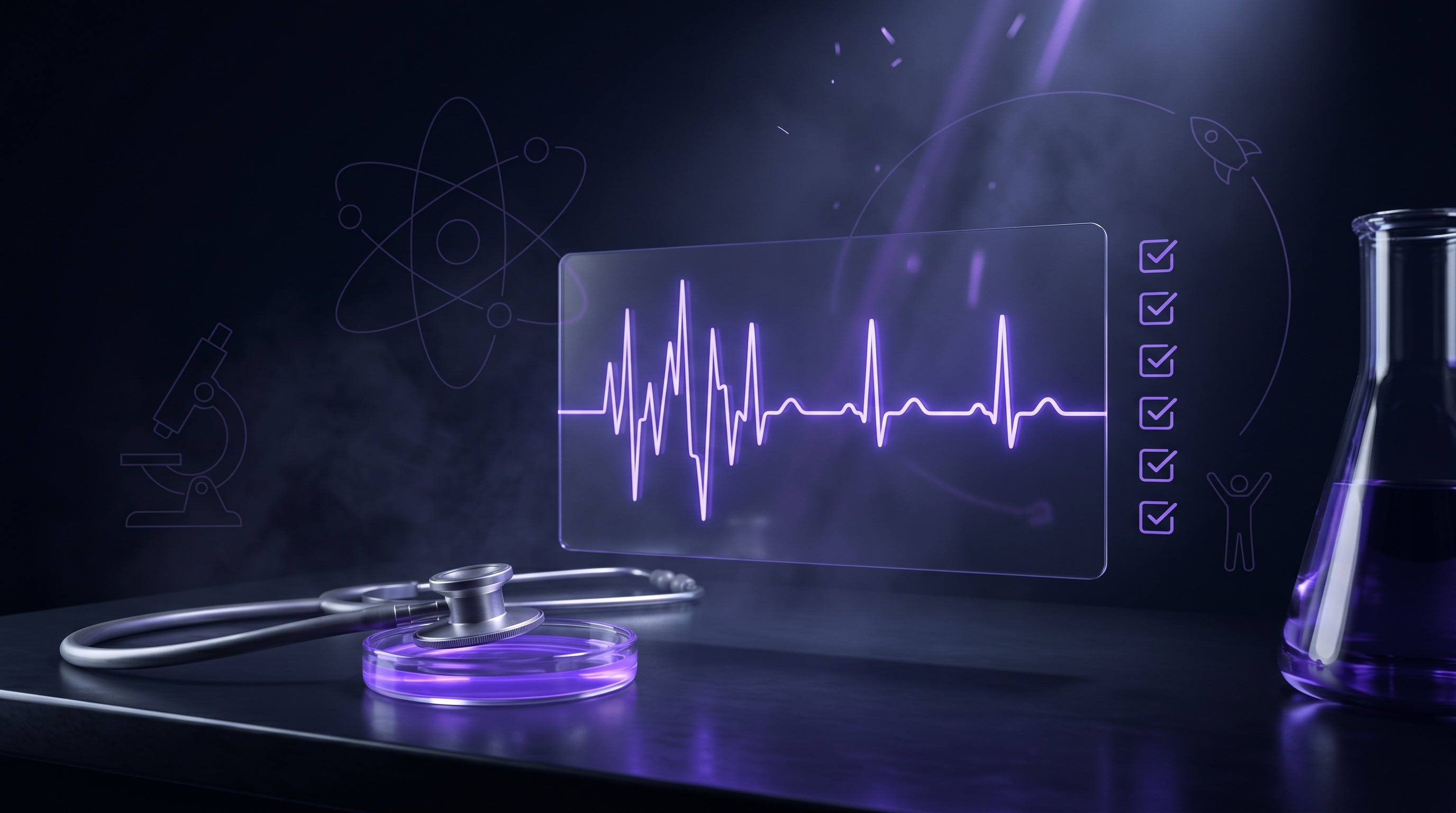 Violet cardiogram pulse line on a lab dashboard with stethoscope and seven check glyphs
