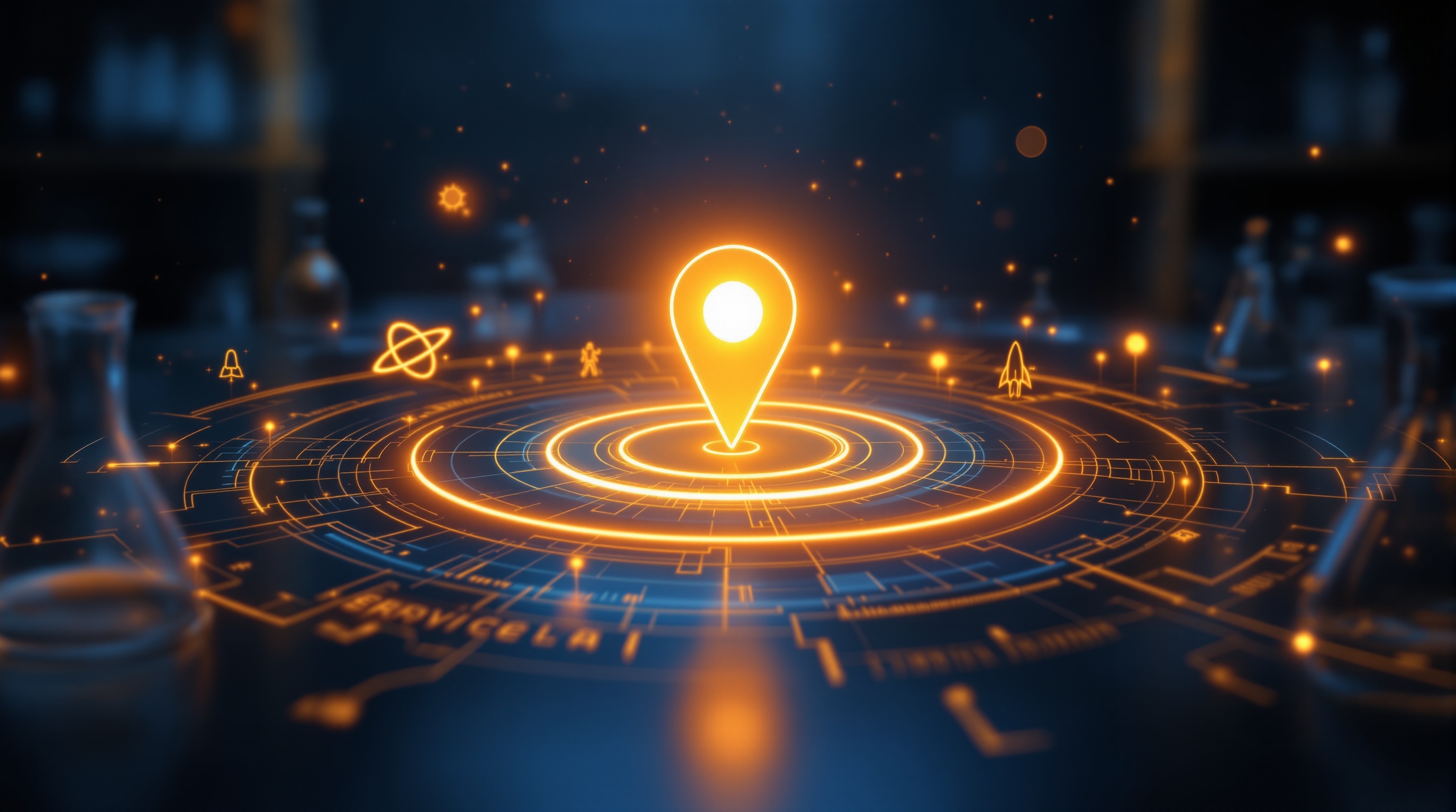 Digital map with service-area pins and a website wireframe — showing where to list your coverage for local SEO