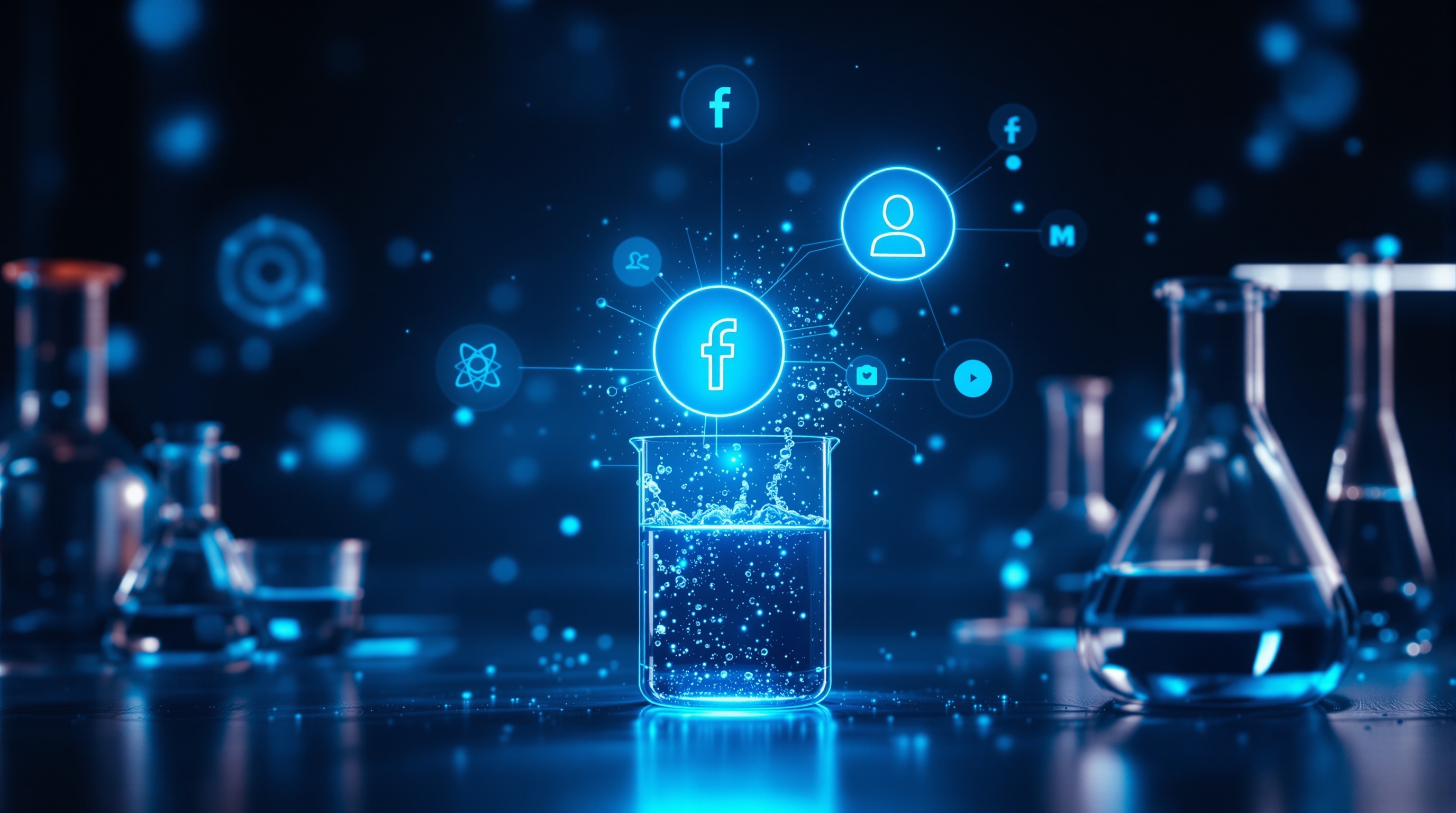 Three social platform icons connected by data streams to a central business hub