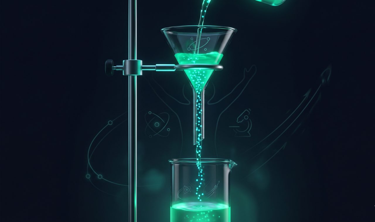 Lab funnel with glowing green liquid — lead follow-up system