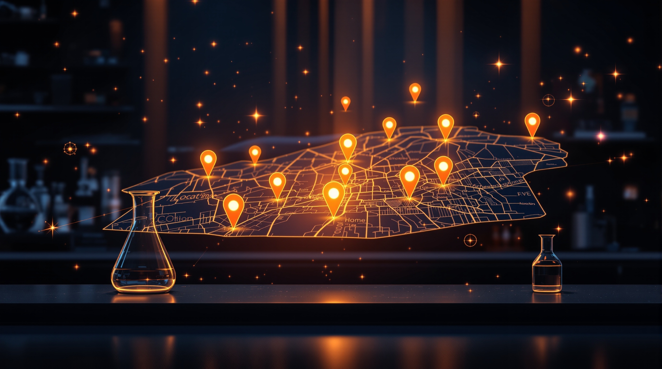 Holographic local map with glowing location pins above a dark lab bench — ranking in nearby suburbs