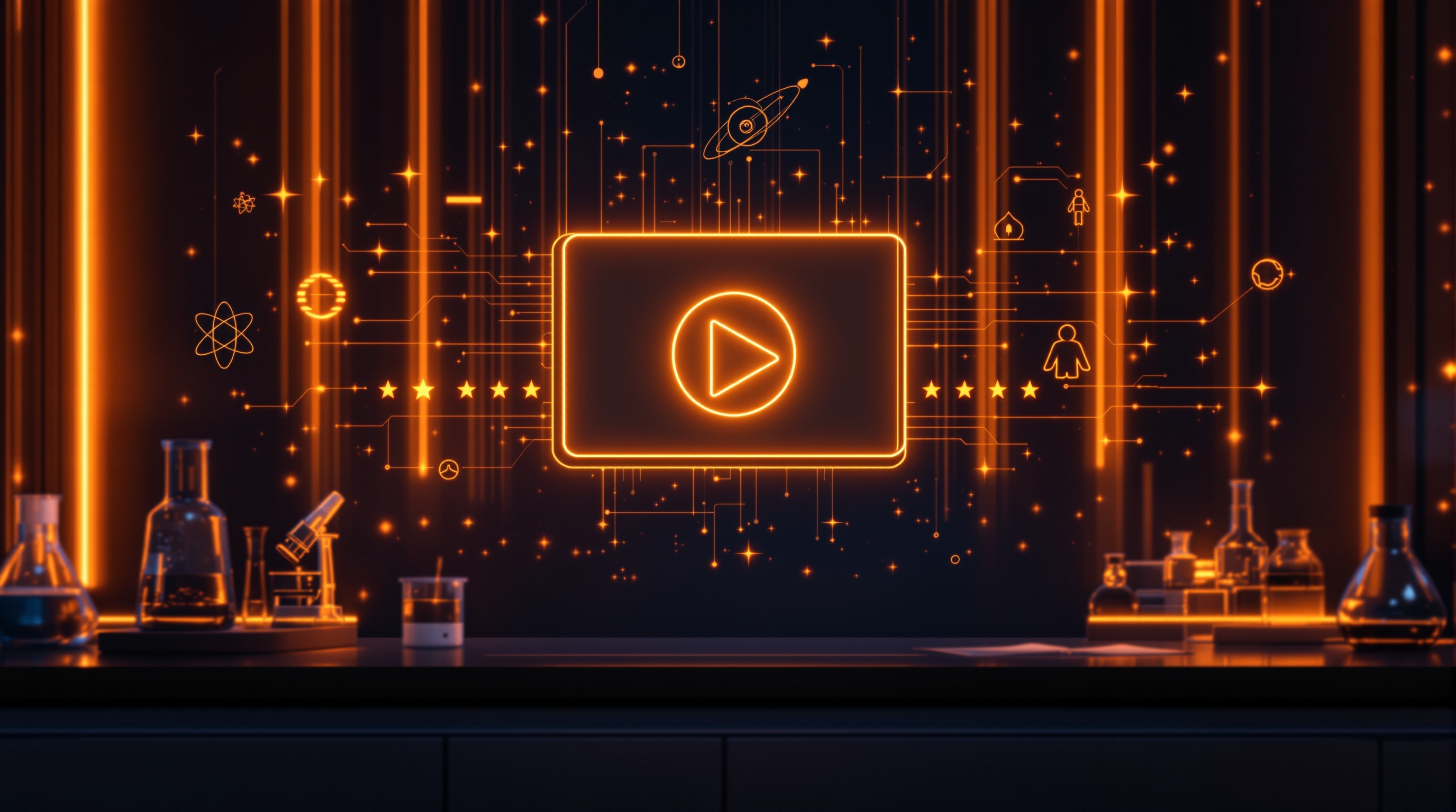 Holographic play button and star ratings glowing above a dark lab bench — video and review proof for AI search