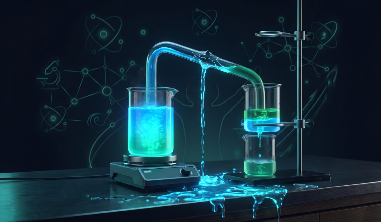 Lab beakers with cracked tube leaking — broken ad tracking