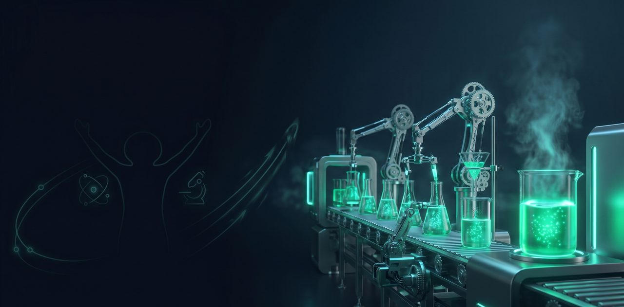 Automated lab conveyor with glowing emerald beakers
