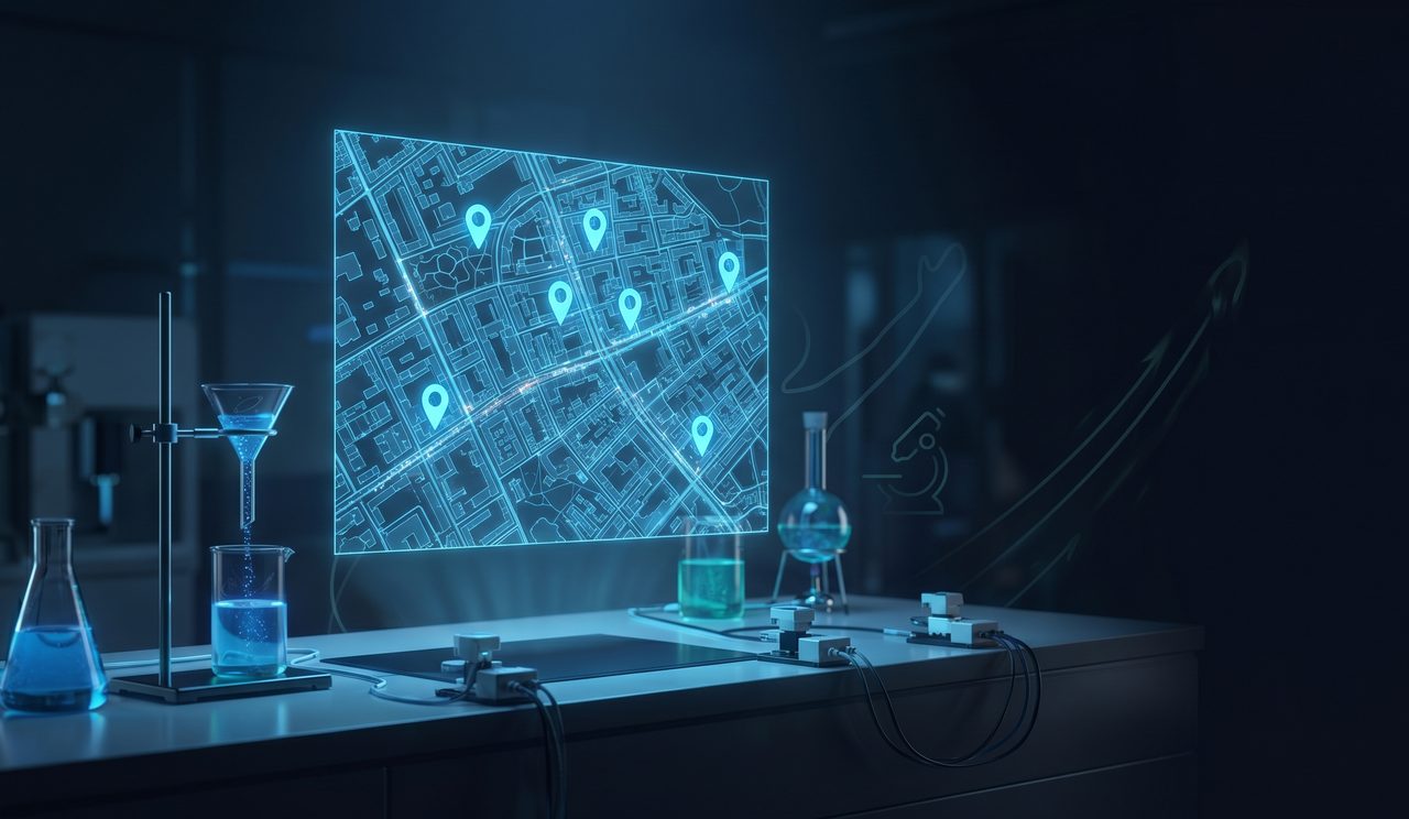 Holographic map with glowing blue location pins