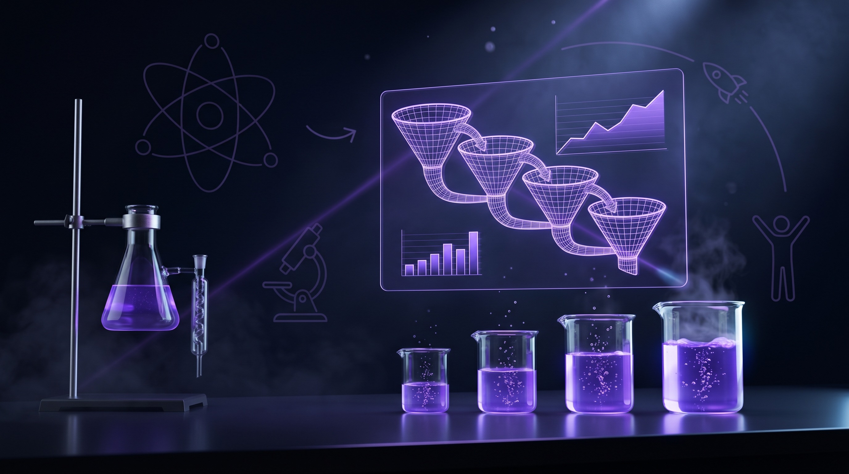 Holographic violet sales pipeline above beakers of glowing purple liquid