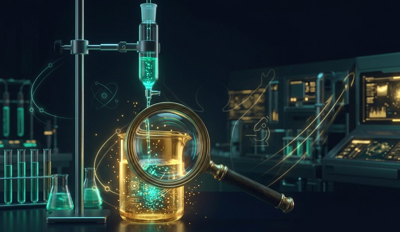 Magnifying glass over golden beaker revealing data particles
