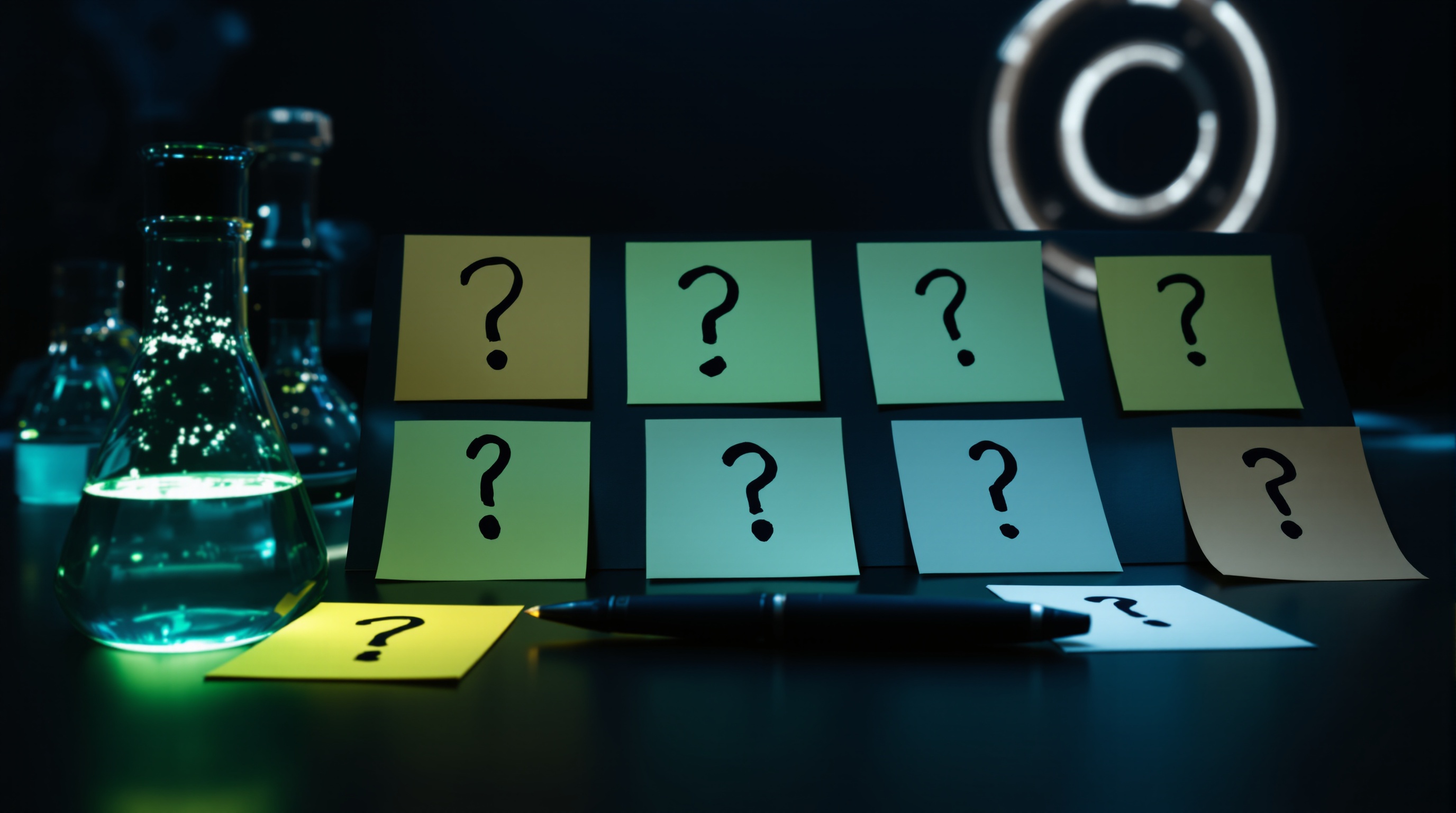 Dark navy lab bench with hand-marked sticky-note question marks alongside glowing beakers — Bare Bayside Labs frequently asked questions